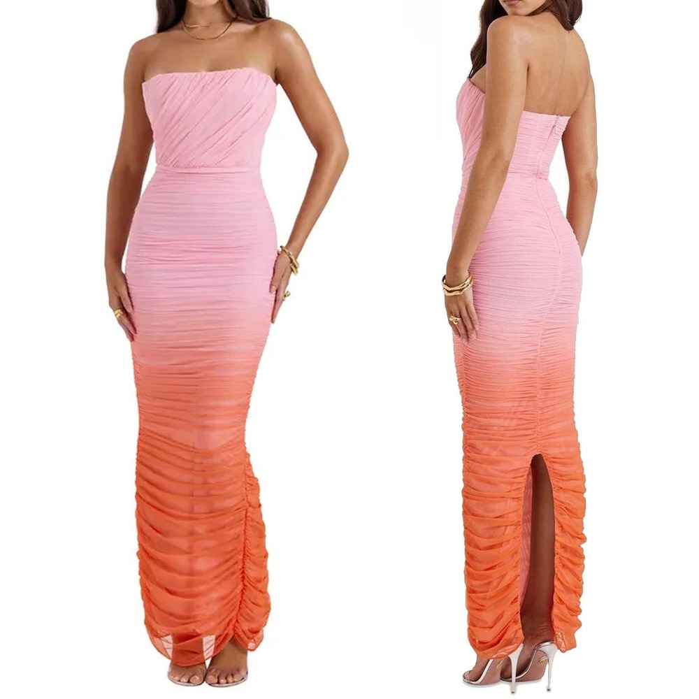 NEW House of CB Pink Orange Gradient Strapless Ruched Mesh Gown Size XS